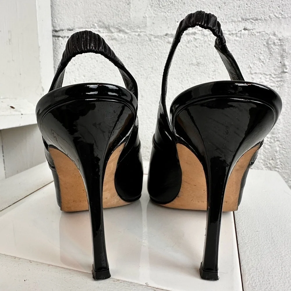 Manolo Blahnik Black Leather Printed Slingback Peep Toe Pumps – Size 36.5 Gift - Picture 9 of 13